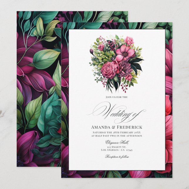 Fuchsia, Emerald Green and Black Floral Wedding Invitation (Front/Back)