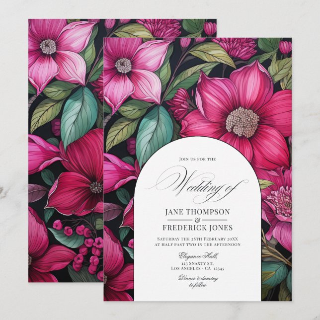 Fuchsia, Emerald Green and Black Floral Wedding Invitation (Front/Back)