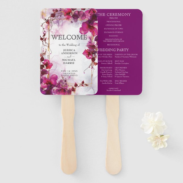 Fuchsia Enchantment: Watercolor Wedding program Hand Fan (Front and Back)