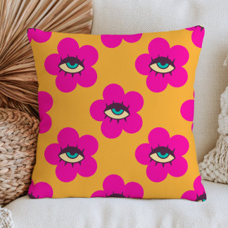 Fuchsia Evil Eye Daisy Flowers on Yellow Retro Cushion