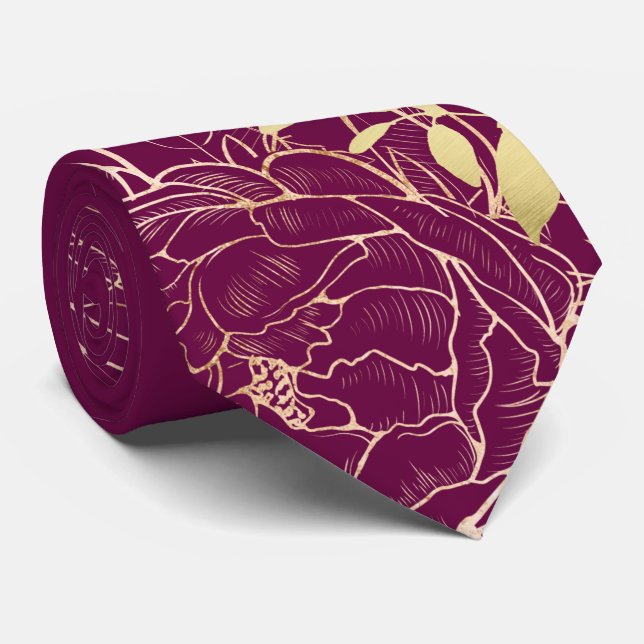 Fuchsia & Faux Gold Peony Modern Floral Wedding Tie (Rolled)