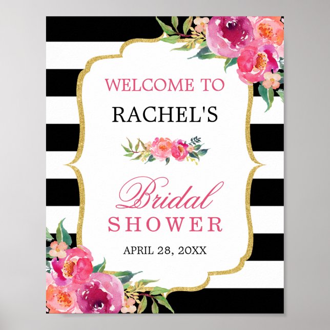 Fuchsia Floral Black Stripes Bridal Shower Sign (Front)
