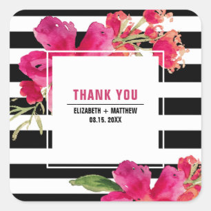 Fuchsia Floral Black Stripes Wedding Thank You Square Sticker