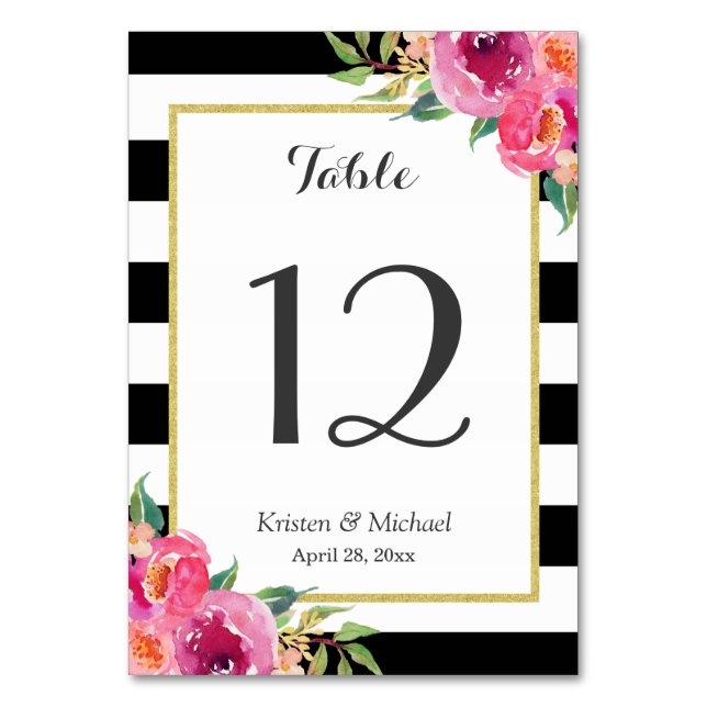 Fuchsia Floral Black White Stripes Table Number (Front)