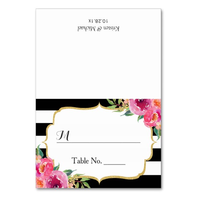 Fuchsia Floral Black White Stripes Wedding Place Table Number (Front)