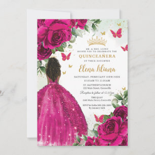 Fuchsia Floral Brown Princess Quinceañera Sweet 16 Invitation