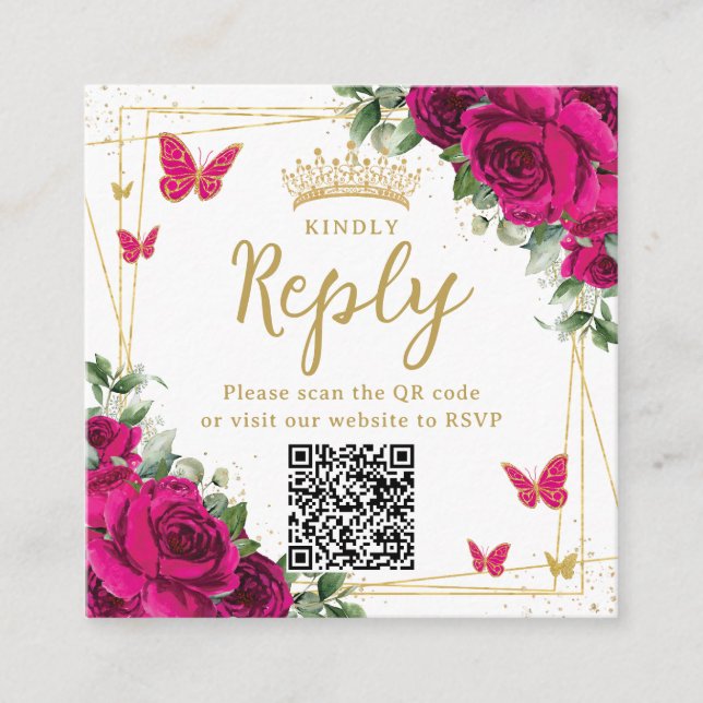 Fuchsia Floral Butterflies Quinceanera RSVP QR Enclosure Card (Front)