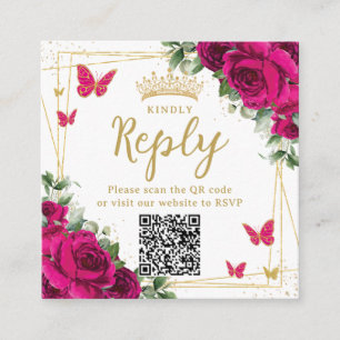 Fuchsia Floral Butterflies Quinceanera RSVP QR Enclosure Card