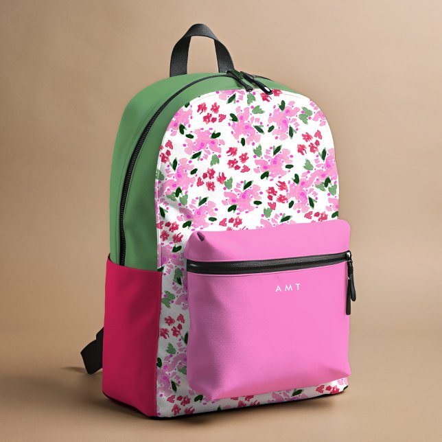 Fuchsia Floral Garden Personalised Name Initial Printed Backpack (Fuchsia pink and green watercolor Floral Garden personalized school backpack.)