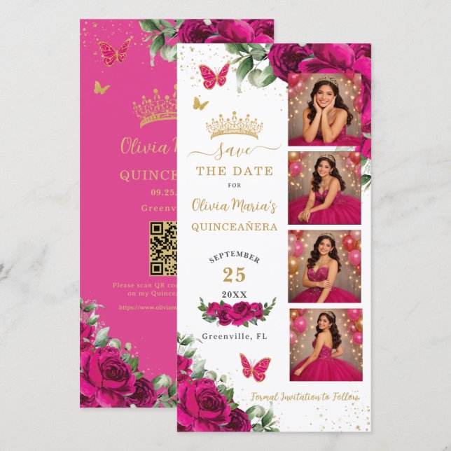 Fuchsia Floral Photo Booth Quinceanera QR code Save The Date (Front/Back)