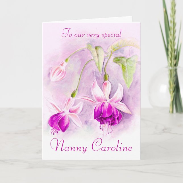Fuchsia floral purple pink nanny birthday card (Front)