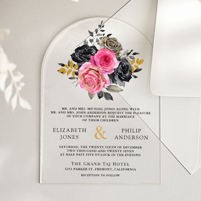 Fuchsia Floral Roses Black Wedding Acrylic Invitations (Creator Uploaded)