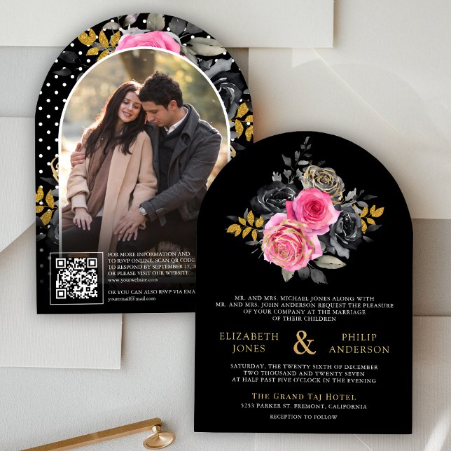 Fuchsia Floral Roses QR Code Photo Black Wedding Invitation (Creator Uploaded)