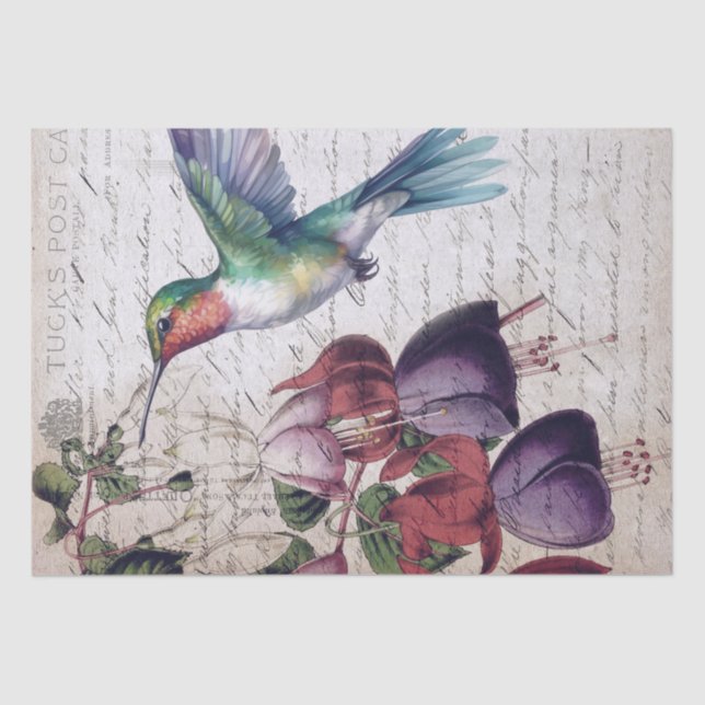 Fuchsia Flower Hummingbird Watercolor Tissue Paper (Front)