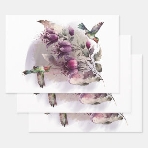 Fuchsia Flower Hummingbird Watercolor Wrapping Paper Sheet