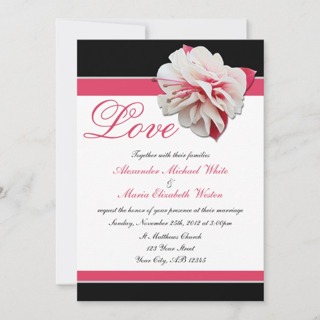 Fuchsia Flower Pink & Black Wedding Invitations (Front)