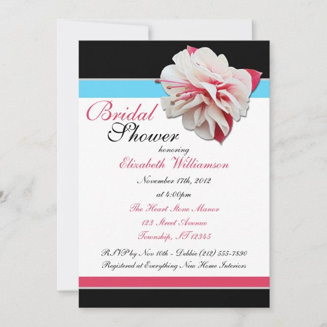 "Fuchsia Flower" Pink Blue & Black Bridal Shower Invitation (Front)