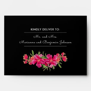 Fuchsia Flowers Black White Stripes Wedding Envelopes