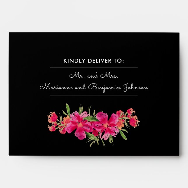 Fuchsia Flowers | Black White Stripes Wedding  Envelopes (Front)