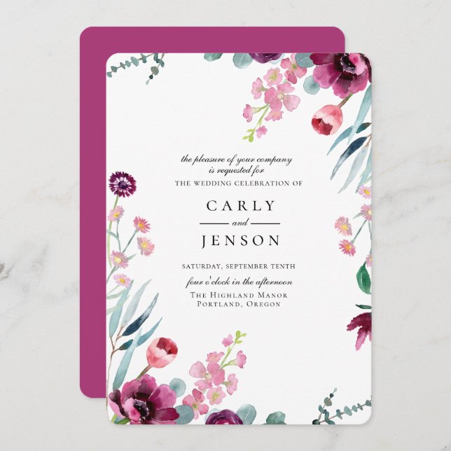 Fuchsia Garden Floral Wedding Invitation (Front/Back)
