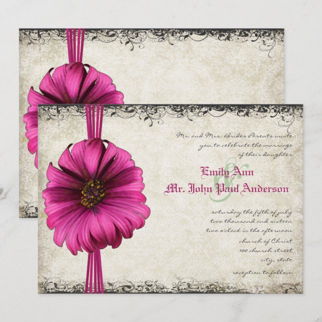 Fuchsia Gerber Daisy Wedding Invite (Front/Back)
