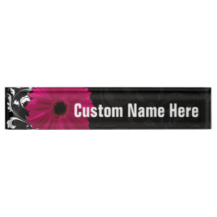 Fuchsia Gerbera Daisy Black/White Swirl Nameplate