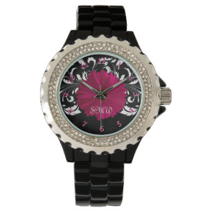 Fuchsia Gerbera Daisy with Black and White Swirl Watch