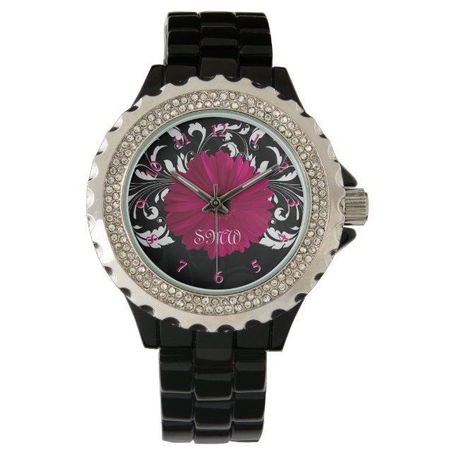 Fuchsia Gerbera Daisy with Black and White Swirl Watch (Front)