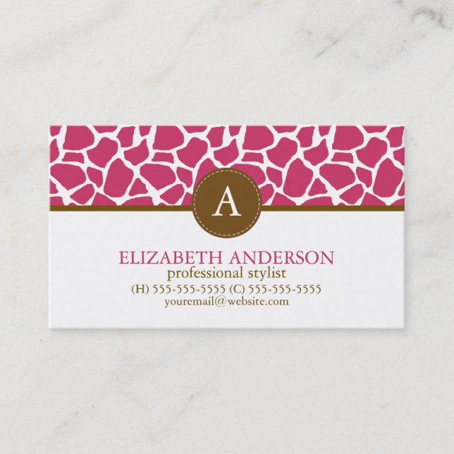 Fuchsia Giraffe Pattern Monogram Business Card (Front)