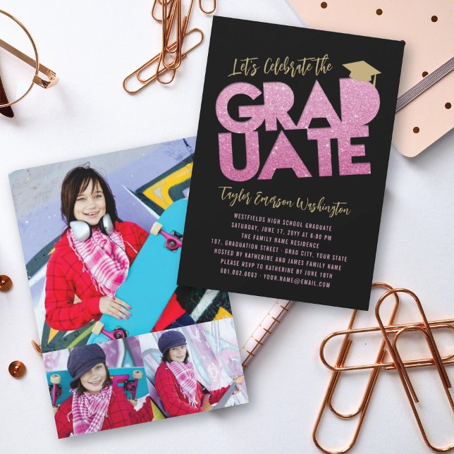 Fuchsia Glitter Graduate Cutout Graduation Party Invitation (Creator Uploaded)