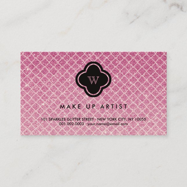 Fuchsia Glitter Monogram Quatrefoil Profile Card (Front)