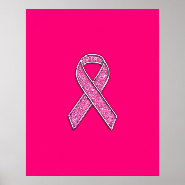 Fuchsia Glitter Style Pink Ribbon Awareness Poster (Front)