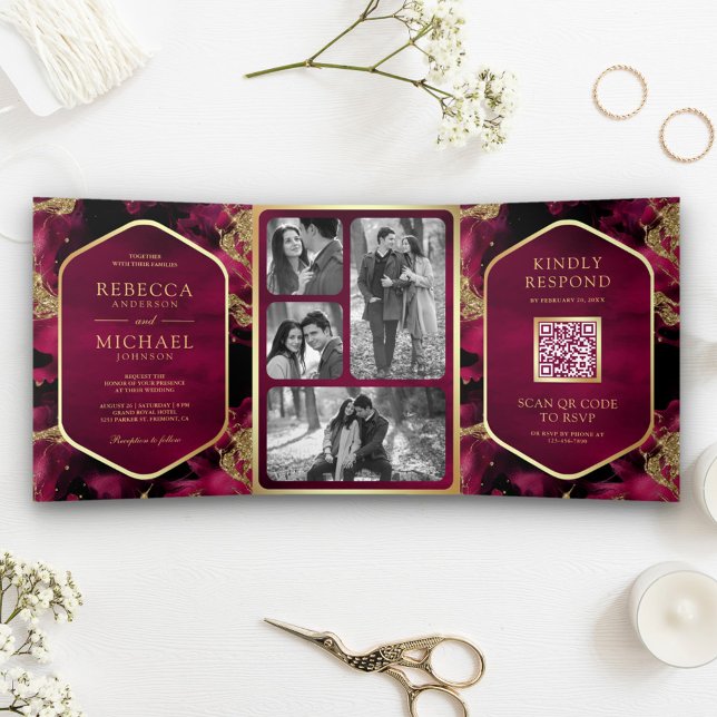 Fuchsia Gold Abstract Fluid Ink QR Code Wedding Tri-Fold Invitation (Creator Uploaded)