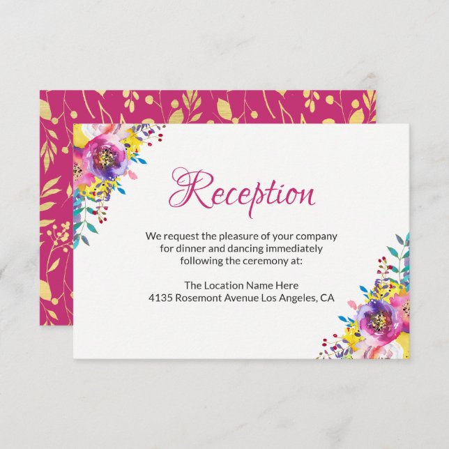 Fuchsia Gold Blossom Floral Wedding Reception Card (Front/Back)