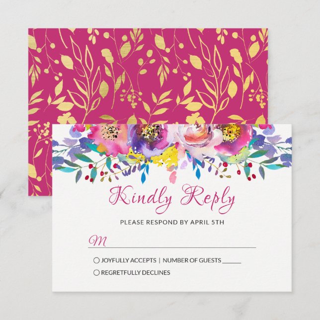 Fuchsia Gold Blossom Floral Wedding RSVP (Front/Back)