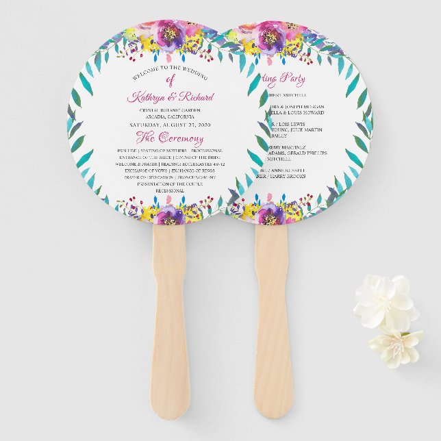 Fuchsia Gold Floral Chic Wedding Program Hand Fan (Front and Back)