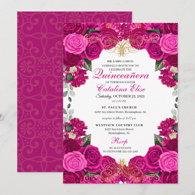Fuchsia & Gold Floral Quinceanera Birthday Invitation (Front/Back)