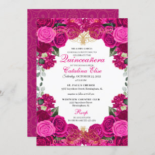 Fuchsia & Gold Floral Quinceanera Birthday Invitation