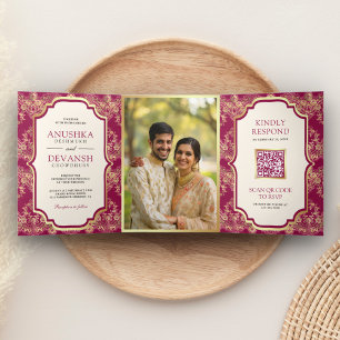 Fuchsia Gold Lace QR Code Photo Indian Wedding Tri-Fold Invitation