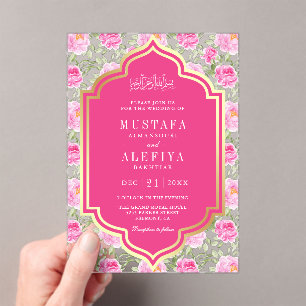 Fuchsia Gold Pink Floral Pattern Muslim Wedding Acrylic Invitations
