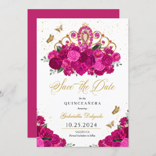 Fuchsia & Gold Tiara Save The Date Quinceañera Invitation