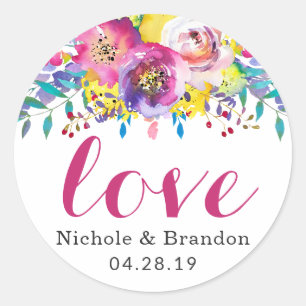 Fuchsia Gold Watercolor Blossom Floral Love Script Classic Round Sticker