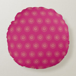 Fuchsia Golden Zinnia Flower Medallions Round Cushion