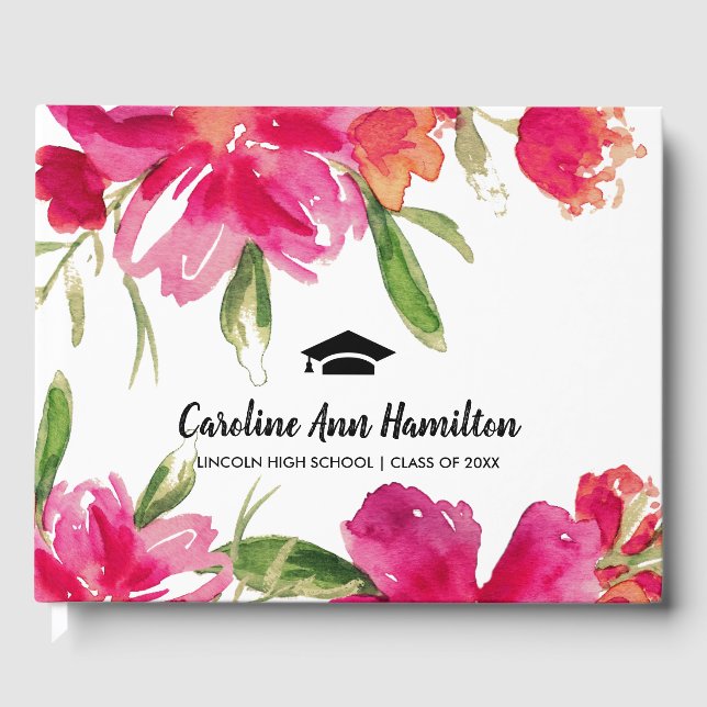 Fuchsia Green Floral Graduation  Guest Book (Front)