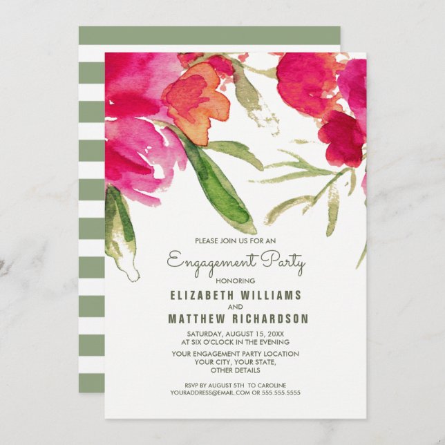 Fuchsia Green Floral Watercolor Engagement Party Invitation (Front/Back)