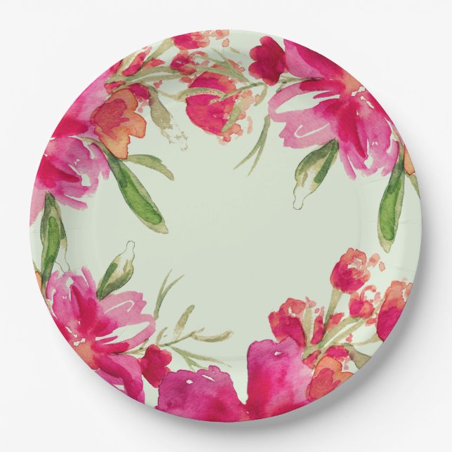 Fuchsia Green Floral Watercolor Party  Paper Plate (Front)
