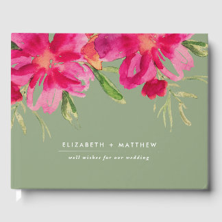 Fuchsia Green Watercolor Floral Wedding  Guest Book