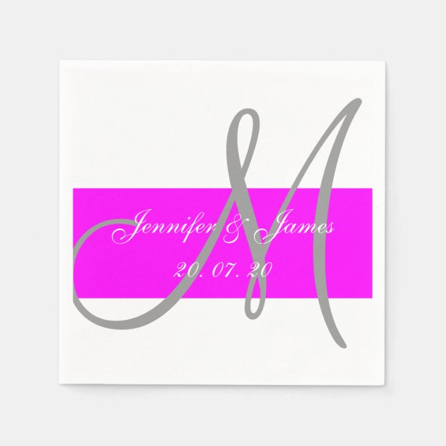 Fuchsia Grey Modern Wedding Paper Napkins (Front)