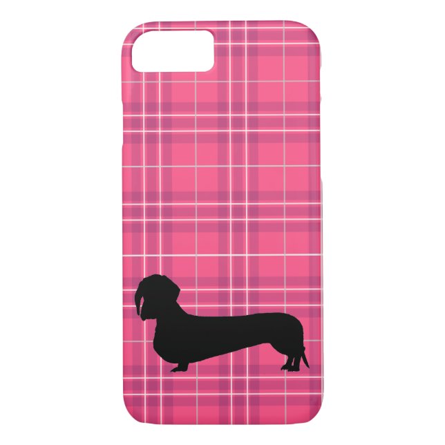 Fuchsia Grey Plaid Dachshund Pattern Preppy Case-Mate iPhone Case (Back)