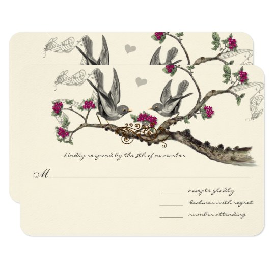 Fuchsia & Grey Vintage Birds Wedding Invitations